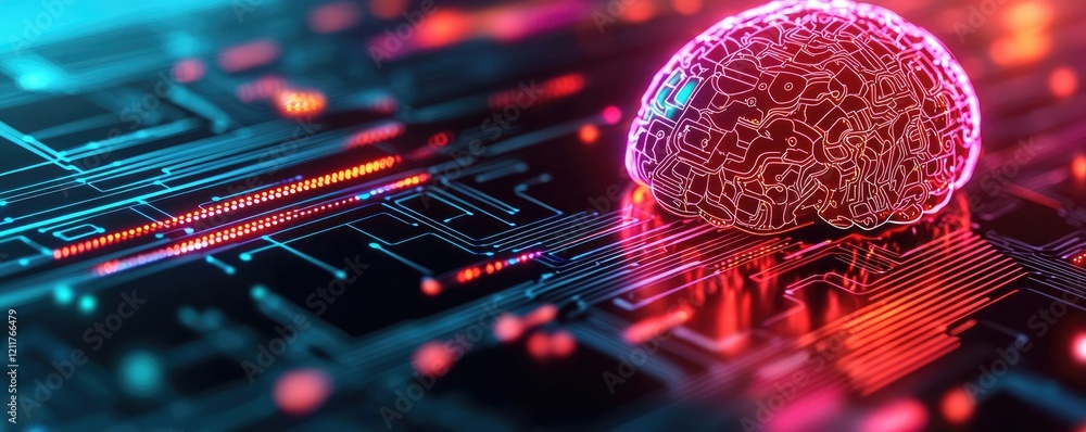 Poster machine learning ai concept. futuristic artificial intelligence concept on a circuit board.