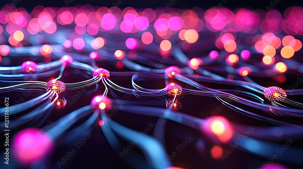 Poster machine learning ai concept. abstract digital illustration of luminous network connections with vibr