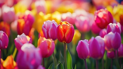 Vibrant Tulips in Bloom A Colorful Garden of Spring Flowers with Sunlight