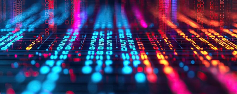 Machine learning ai concept. Colorful digital binary code flowing on a dark background, symbolizing data processing.