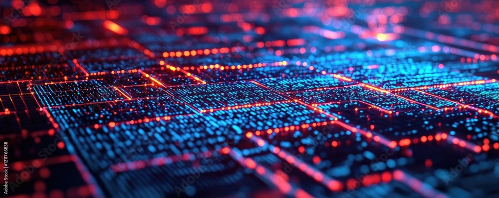 Poster machine learning ai concept. abstract digital network with glowing circuits and vibrant blue-red lig