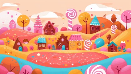 Fototapeta premium A whimsical candy village with gingerbread houses, lollipop trees, and a river of chocolate.