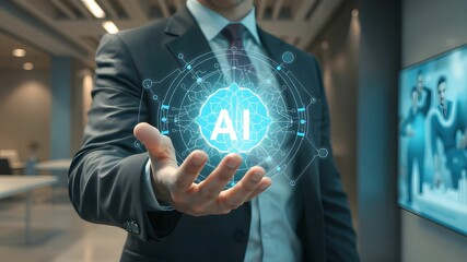 Businessman with AI symbols and icons on a virtual screen.