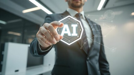 Businessman with AI symbols and icons on a virtual screen.