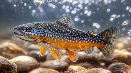 Fototapeta premium Brown trout swimming riverbed bubbles background