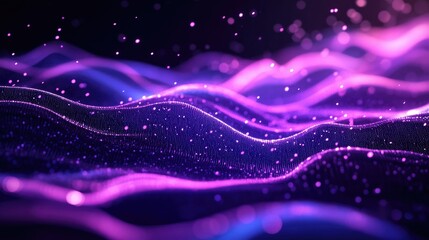Digital purple particles wave and light abstract background