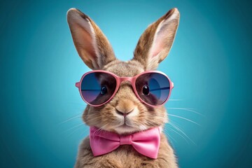 A stylish Easter bunny in sunglasses and a bow tie. Fashionable, trendy, animal, cool hipster. Easter.