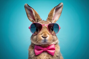 A stylish Easter bunny in sunglasses and a bow tie. Fashionable, trendy, animal, cool hipster. Easter.
