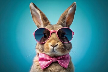 A stylish Easter bunny in sunglasses and a bow tie. Fashionable, trendy, animal, cool hipster. Easter.