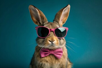 A stylish Easter bunny in sunglasses and a bow tie. Fashionable, trendy, animal, cool hipster. Easter.