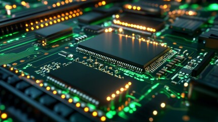 Obraz premium Close-up of a vibrant circuit board with illuminated components, showcasing technology and innovation