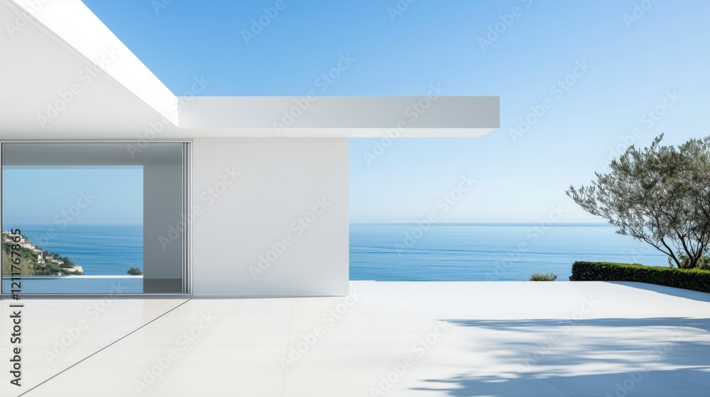 Poster A white house with a large window overlooking the ocean. The house is empty and the ocean is calm. AI generated.