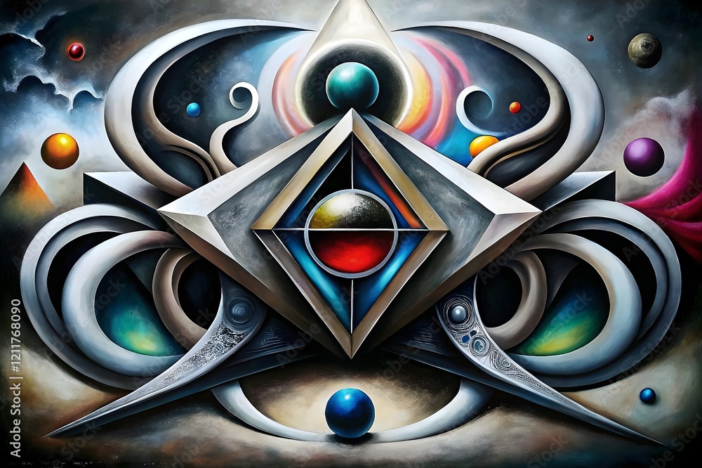 Poster geometric abstract composition colorful orbs shapes mystical atmosphere dynamic layers