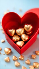Red heart-shaped gift box filled with golden chocolates on a pastel blue background. Vertical social media banner.