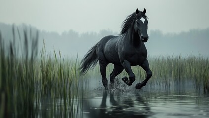 Fototapeta premium Majestic Black Stallion Galloping Through Misty Marsh