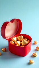 Red heart-shaped gift box filled with golden chocolates on a pastel blue background. Vertical social media banner.
