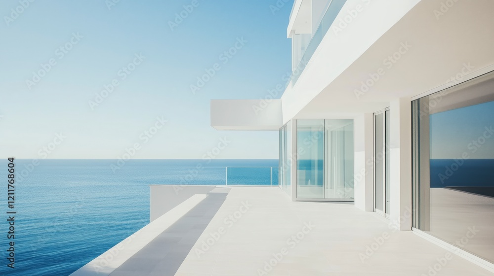 Poster A beautiful view of the ocean from a balcony of a large white house. The water is calm and the sky is clear. AI generated.