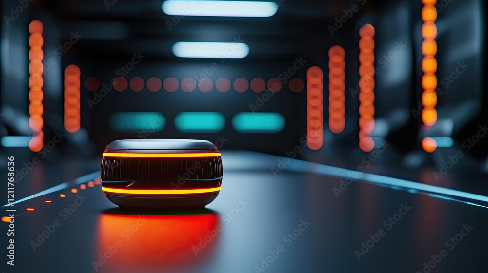Poster digital mentor ai idea. futuristic robot on a sleek table in a modern, high-tech environment.