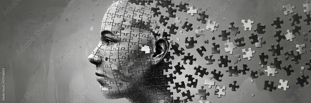 Poster artwork illustrating the conceptual fragmentation of identity through puzzle pieces in a monochromat