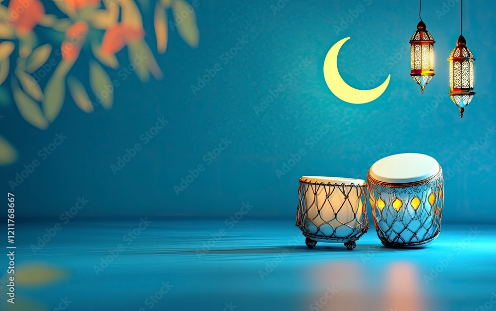 Wall mural 3D rendering Ramadan Kareem background with drum, crescent moon, and lantern hanging for Islamic festival decoration mockup design element in blue color and gold style. Copy space banner template. 