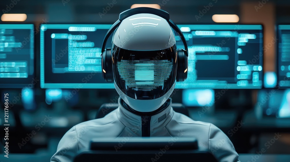 Aufkleber digital mentor ai idea. a futuristic technological landscape with a virtual reality user in focus.