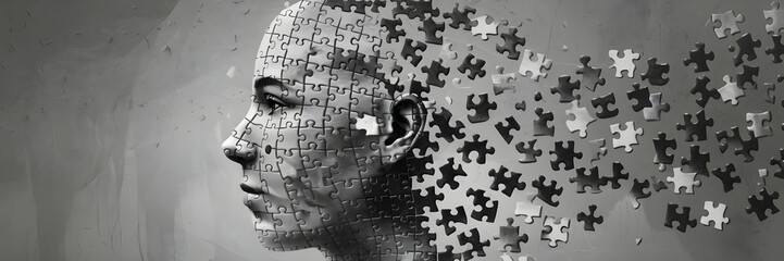 Artwork illustrating the conceptual fragmentation of identity through puzzle pieces in a monochromatic palette