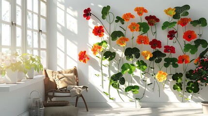 Elegant 3D artwork of nasturtiums on a wall, with a bright sunroom mockup on the side.