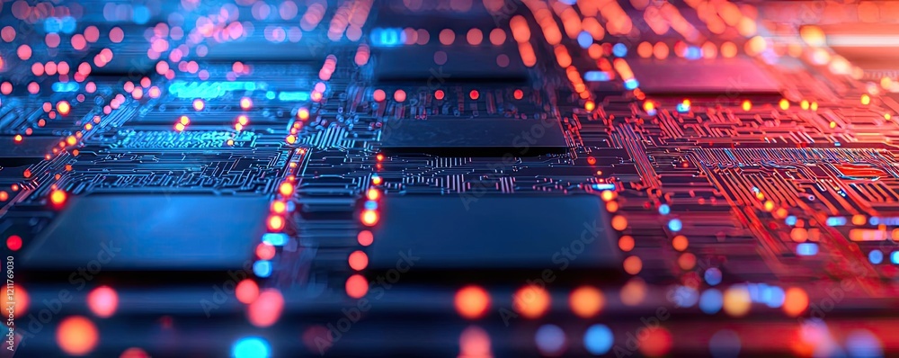 Poster machine learning ai concept. close-up view of a vibrant circuit board with glowing lights and intric