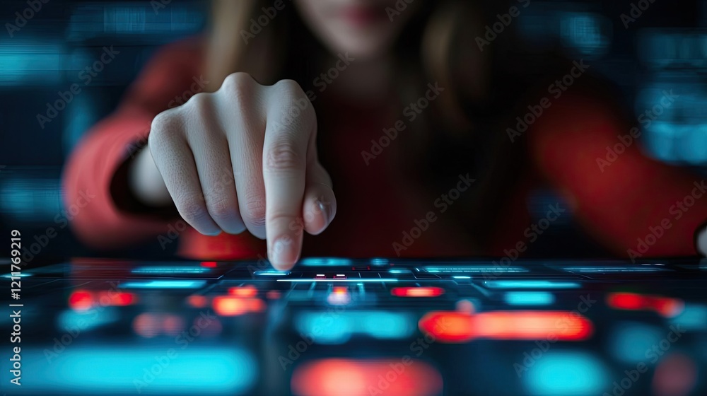 Poster smart education ai idea. close-up of a finger touching a vibrant digital interface with glowing butt