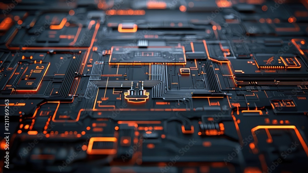 Poster machine learning ai concept. intricate circuit board design with glowing orange lines on a dark back