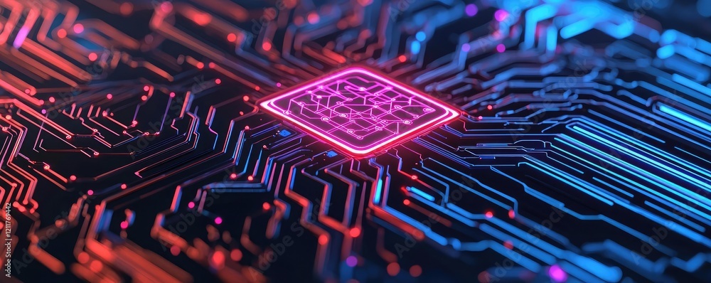 Poster machine learning ai concept. a close-up view of a vibrant microchip with intricate circuit designs i