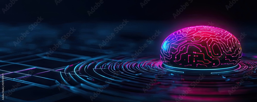 Poster machine learning ai concept. futuristic technology concept featuring a glowing circuit brain on a di