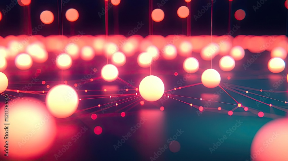 Poster machine learning ai concept. abstract representation of interconnected spheres with glowing light ef