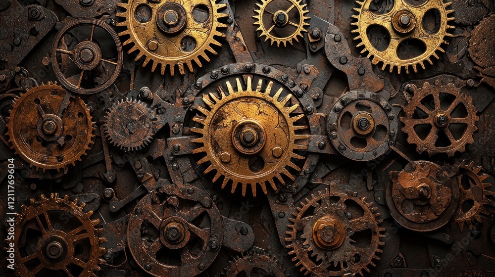 Poster intricate gears: a symphony of rusty bronze and gold cogs