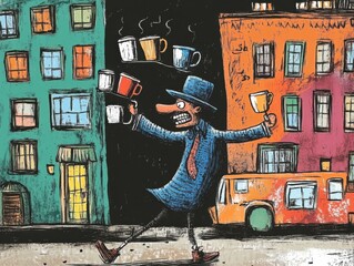 Obraz premium A humorous scene of a person juggling coffee cups while rushing to catch a bus, depicting daily chaos