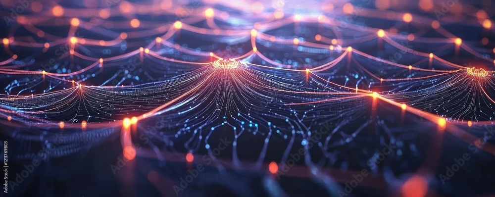 Poster machine learning ai concept. abstract digital connections with glowing threads and nodes providing a