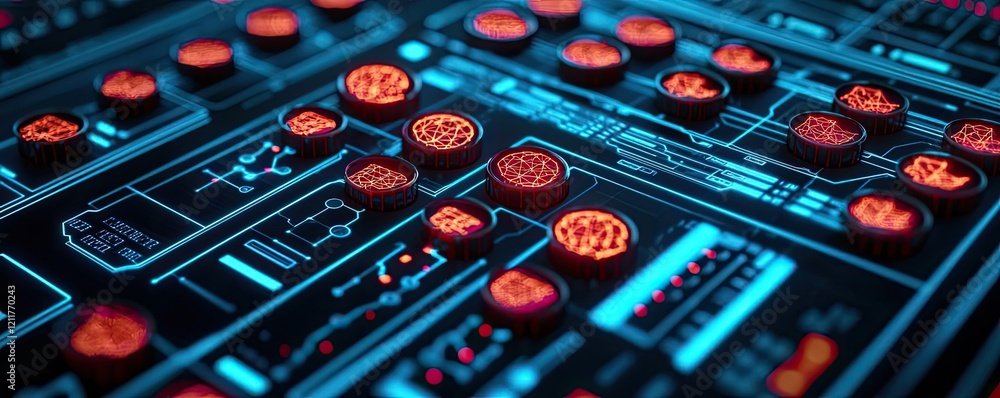 Aufkleber machine learning ai concept. futuristic interface with glowing circuitry and vibrant elements showca