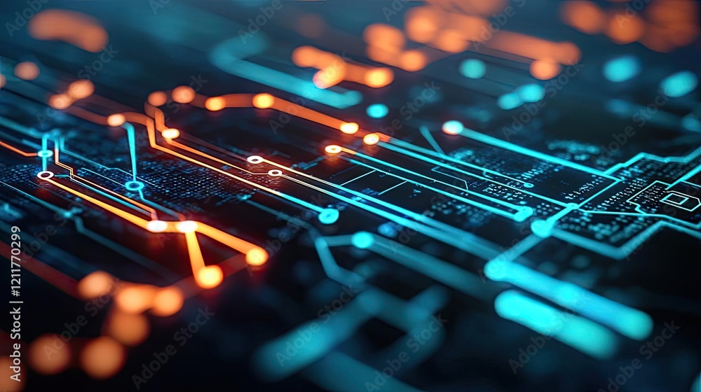 Aufkleber machine learning ai concept. abstract close-up of a futuristic circuit board with glowing blue and o