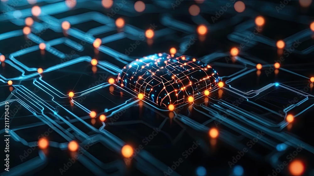 Poster machine learning ai concept. abstract illustration of a microchip on a digital circuit board with gl