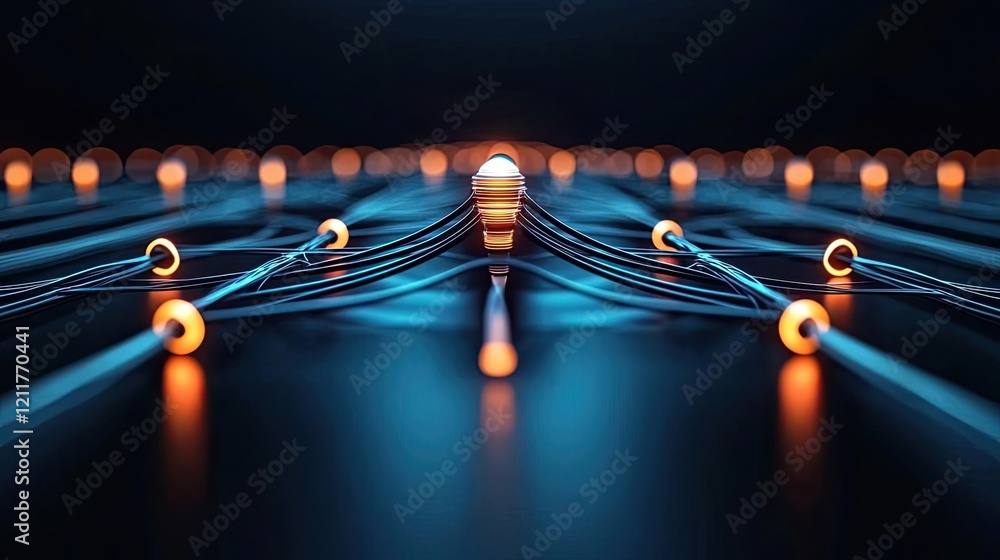 Poster machine learning ai concept. abstract illustration of glowing circuits and interconnected nodes in a