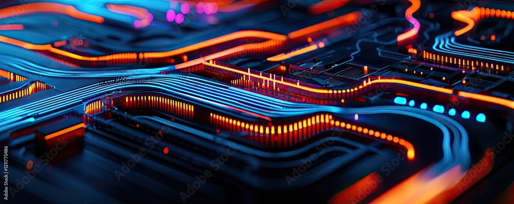 Poster machine learning ai concept. vibrant circuit board design with glowing lines and intricate details.