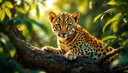 A serene scene of a leopard resting under a lush tree, surrounded by vibrant grass and a clear blue sky. This captivating image embodies the beauty of wildlife and nature, perfect for animal lovers.