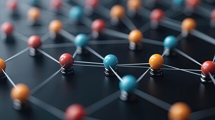 Machine learning ai concept. A close-up view of colorful molecular structure made of spheres connected by rods.