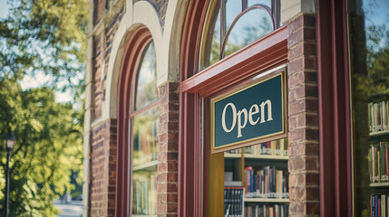 Close-up of a town&acirc;s local library with large arched windows, shelves filled with books, and a welcoming "Open" sign on the door.