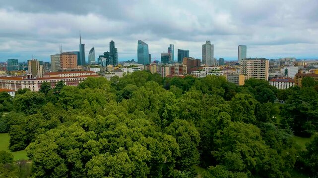 4K Aerial Drone Video of Indro Montanelli Garden Park in Downtown Milan, Italy on a Summer Day