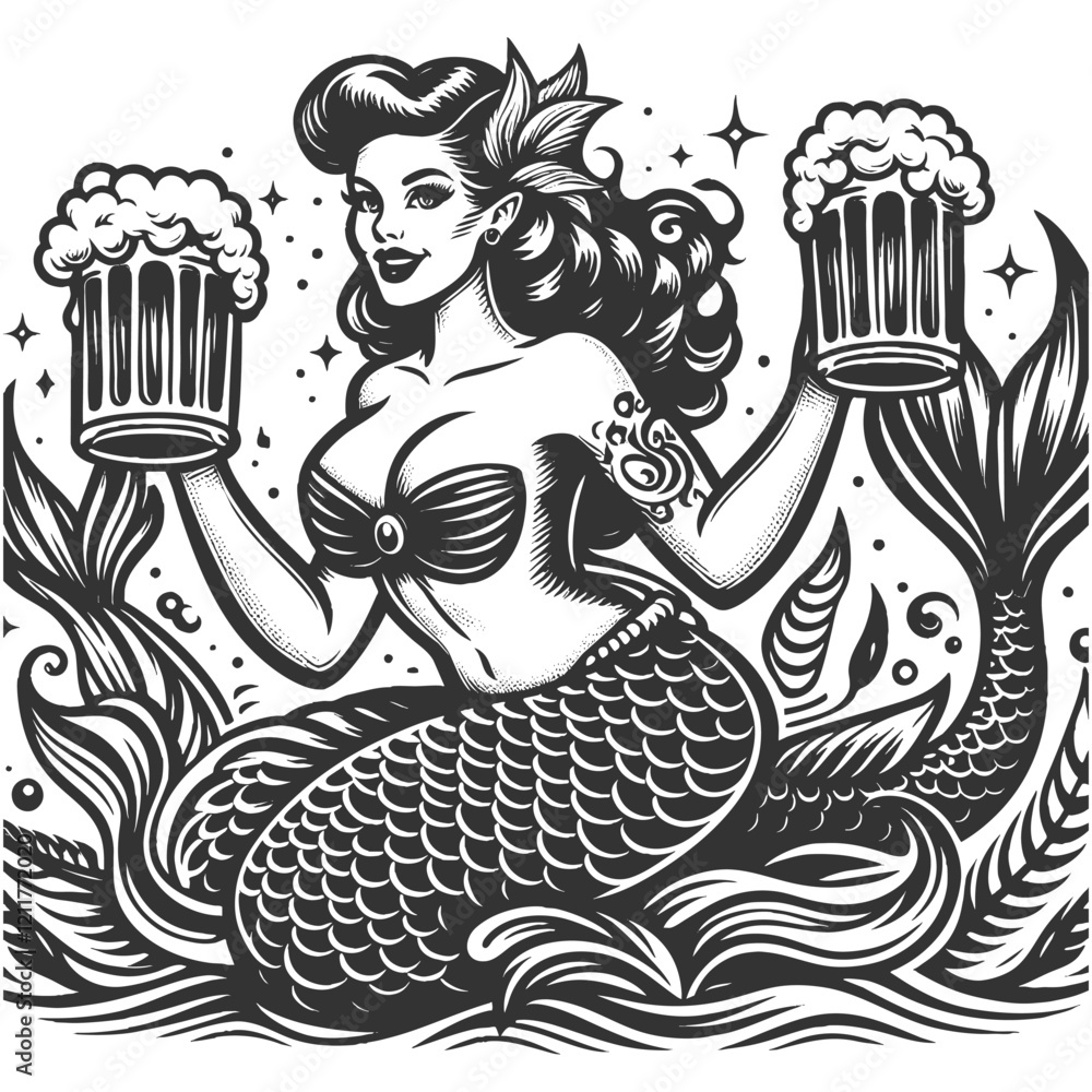 Poster mermaid with two large beer mugs sketch engraving generative ai fictional character vector illustrat