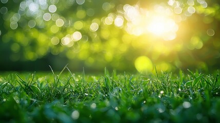Obraz premium Fresh green pasture blooms under the soft glow of morning light, with dew-kissed hay swaying gently. Nature awakens with vibrant colors and a serene atmosphere that invites tranquility