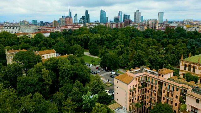 4K Aerial Drone Video of the Galleria d'Arte Moderna and Indro Montanelli Garden Park in Downtown Milan, Italy on a Summer Day
