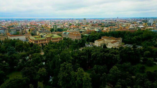 4K Aerial Drone Video of the Galleria d'Arte Moderna and Indro Montanelli Garden Park in Downtown Milan, Italy on a Summer Day