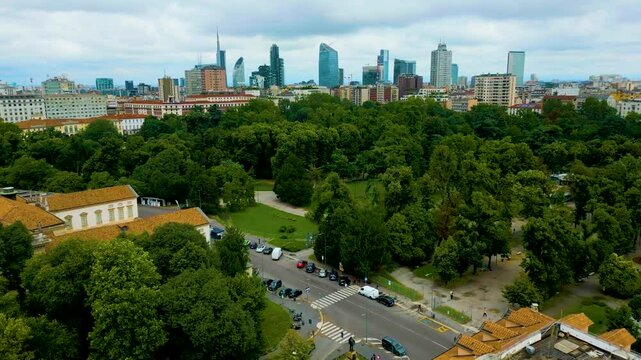 4K Aerial Drone Video of the Galleria d'Arte Moderna and Indro Montanelli Garden Park in Downtown Milan, Italy on a Summer Day